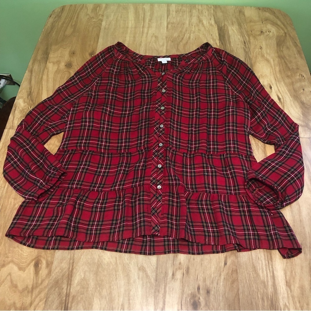 J. Jill Red Black Plaid Check Button Up Long Sleeve Tunic Shirt Womens Size L